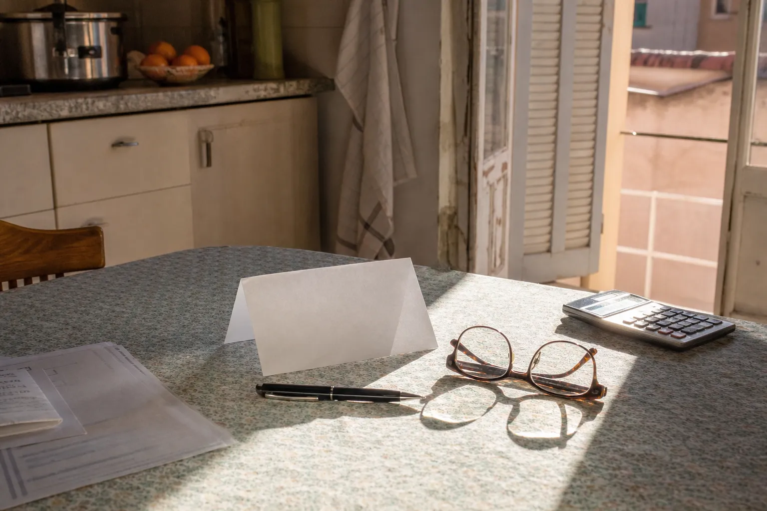 Table de cuisine avec un devis plié, un stylo, des lunettes de lecture et une calculatrice, lumière d’après-midi filtrée par un volet