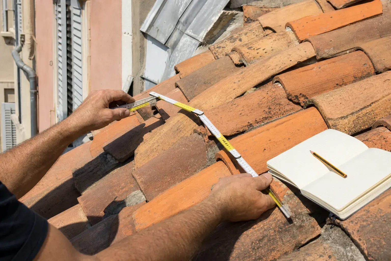 Mains de couvreur tenant un mètre pliant contre un versant de tuiles, carnet et crayon posés sur la couverture à côté