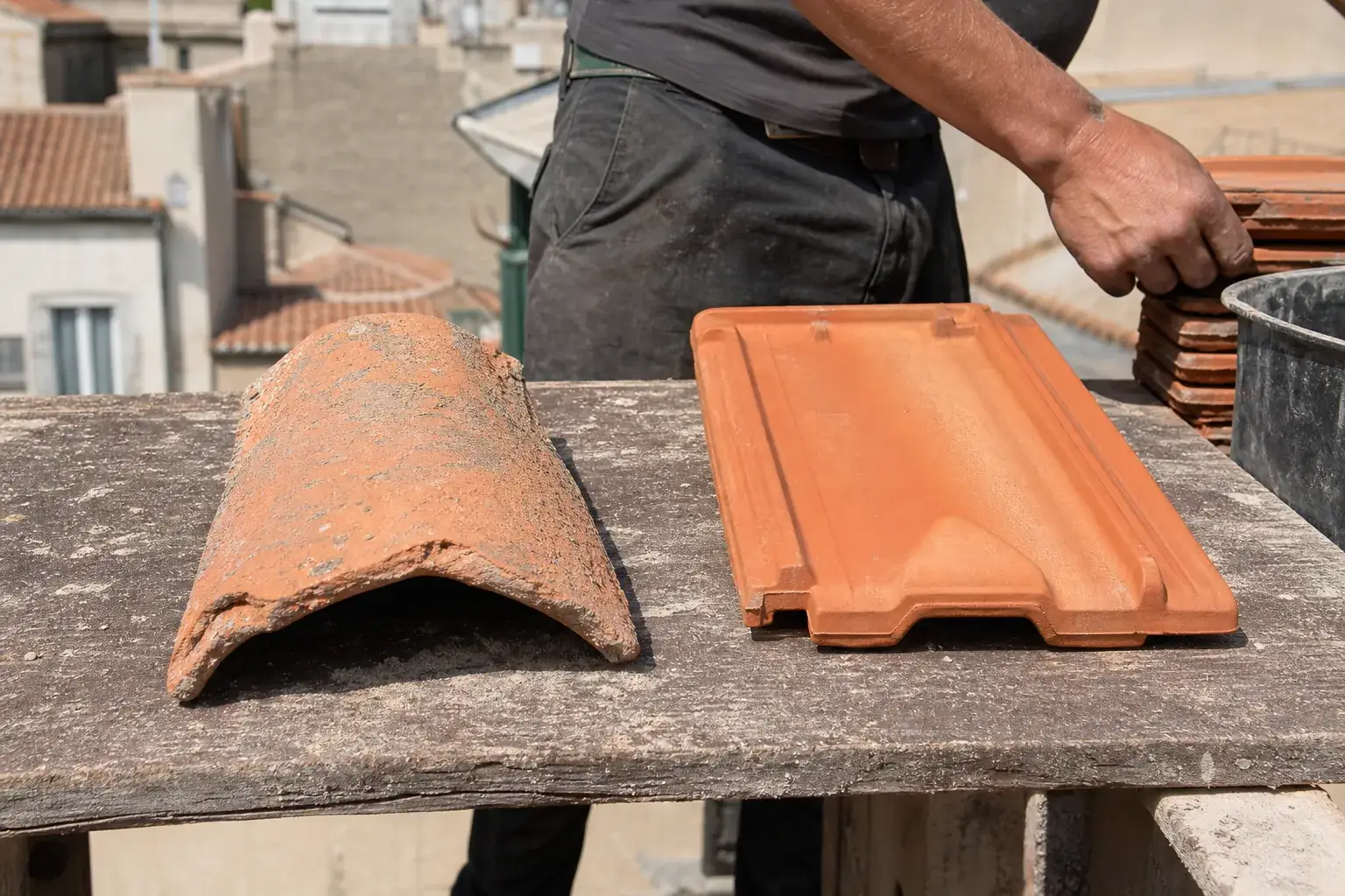 Deux tuiles côte à côte sur un établi en lumière rasante : une vieille tuile creuse irrégulière et une tuile mécanique à emboîtement