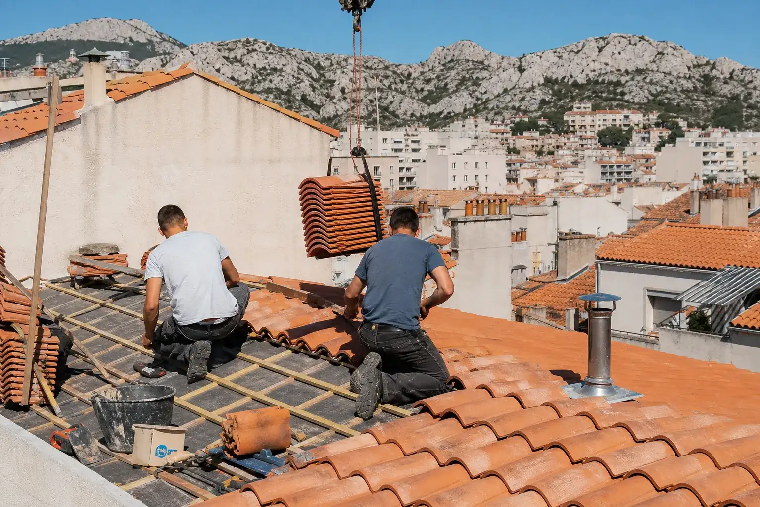 Équipe de couverture au travail sur une maison marseillaise : deux silhouettes de dos sur le versant, liteaux à nu sur une partie, pile de tuiles hissée sur le toit
