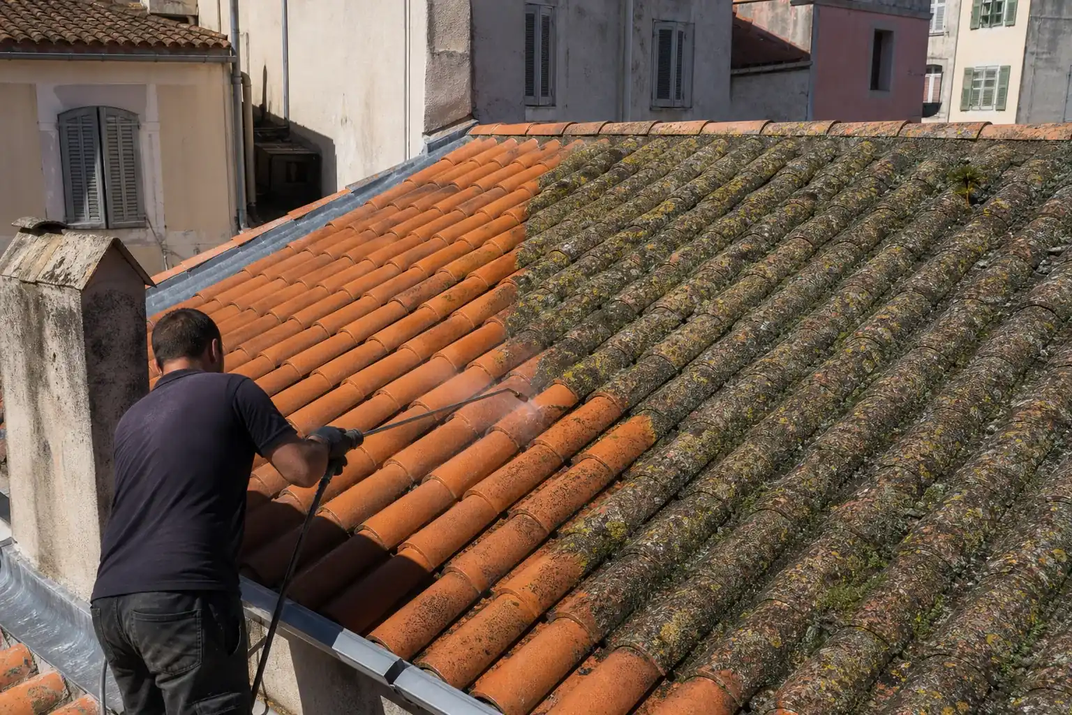 Retrait de mousse et de lichen sur un versant de tuiles : une bande nettoyée en terre cuite vive à côté d’une bande encore vert sombre