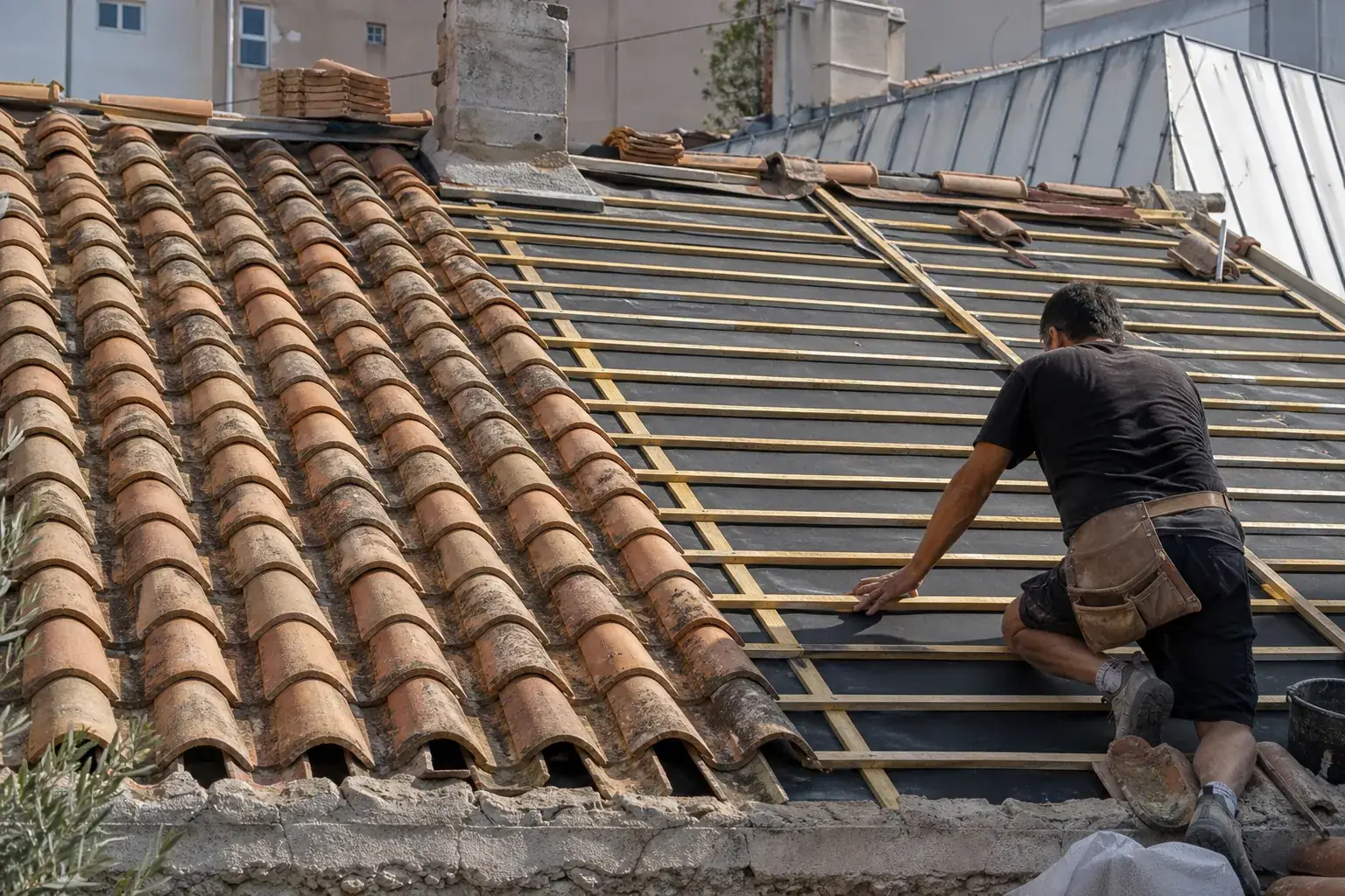 Toit à moitié découvert pour rénovation : d’un côté les vieilles tuiles creuses, de l’autre les liteaux neufs et l’écran de sous-toiture posés