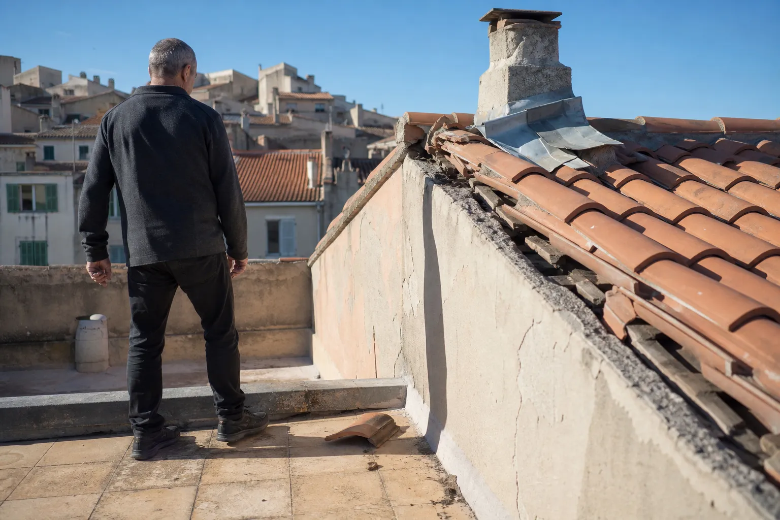 Lendemain de coup de vent sur un toit provençal : plusieurs tuiles creuses déplacées en rive, une brisée au sol, bavette de cheminée décollée