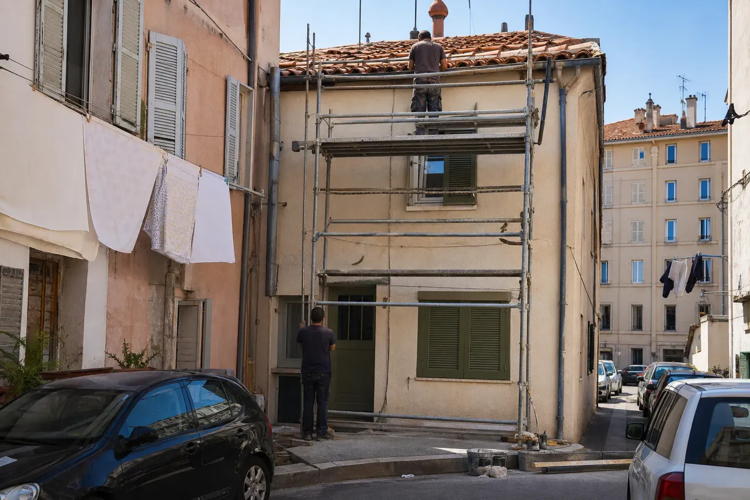 Échafaudage monté dans une rue marseillaise étroite contre la façade d’un petit immeuble, jusqu’à l’égout de toit