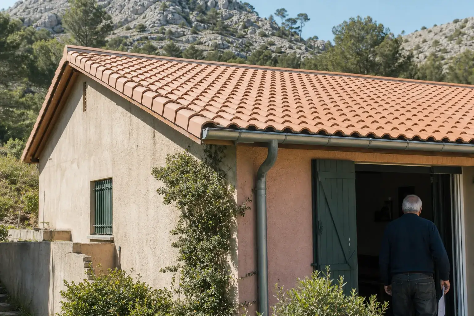 Pavillon des années soixante-dix dans les collines : tuiles mécaniques, large débord de toit, gouttière pendante et sa descente