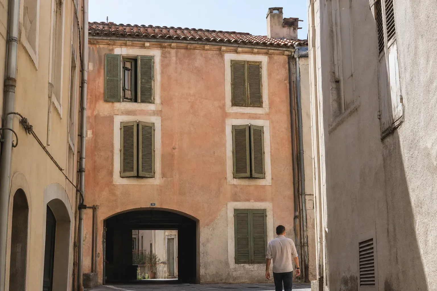 Petit immeuble marseillais vu depuis une rue étroite : deux versants de tuiles, chéneau encaissé contre le voisin, souche de cheminée enduite
