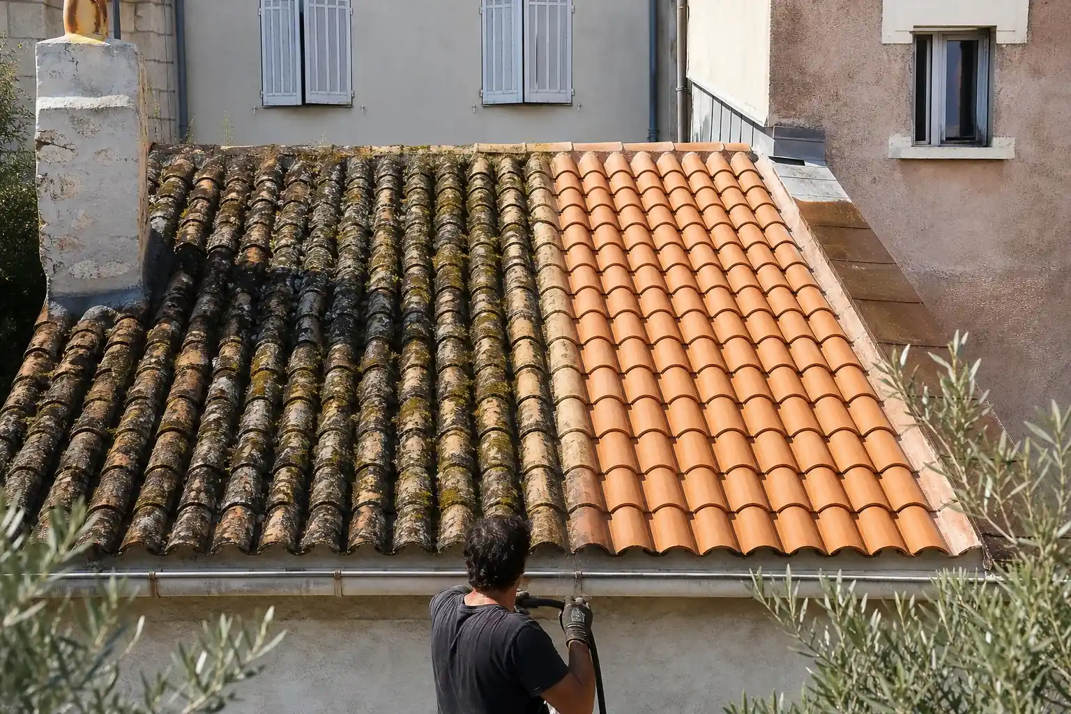 Deux moitiés du même versant : l’une couverte de mousse épaisse et de lichen noir, l’autre nettoyée jusqu’à la terre cuite nue