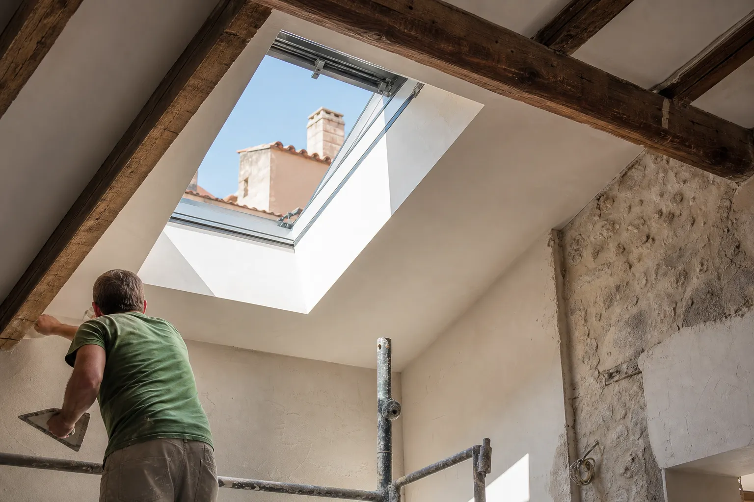Intérieur d’un comble aménagé éclairé par une fenêtre de toit neuve, lumière tombant sur le rampant plâtré, ébrasement évasé