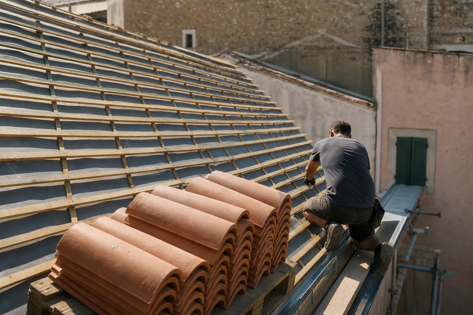 Versant mis à nu jusqu’aux liteaux et à l’écran de sous-toiture, lattes neuves clouées en rangs réguliers, palette de tuiles en attente à l’égout